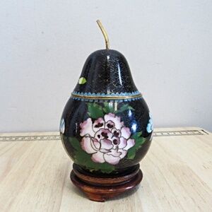 Vintage Chinese Asian Cloisonne Pear Shape Covered Box Caddy